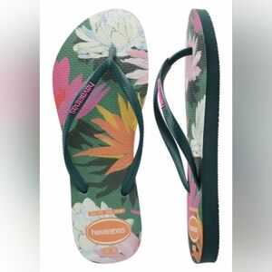 Havaianas Brazilian Flip Flops Womens Sandals Sz 7/8 Eur 37 Pantanal Geen Floral